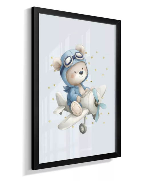 Quadro Infantil Decorativo Quarto Bebê Menino Ursinho Aviador Azul Estrelas