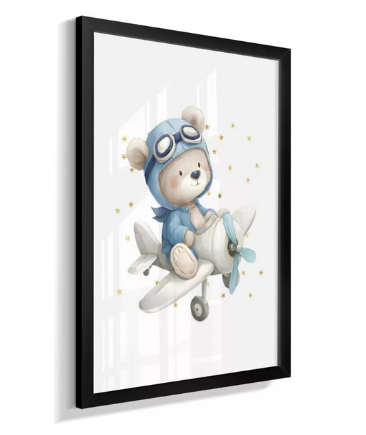 Quadro Infantil Quarto Bebê Menino Ursinho Aviador Azul