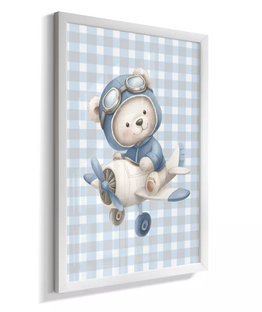 Quadro Infantil Decorativo Quarto Bebê Menino Ursinho Aviador Xadrez