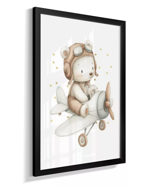 Quadro Infantil Decorativo Quarto Bebê Menino Ursinho Aviador Vintage