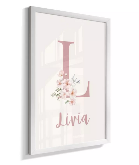 Quadro Decorativo Infantil Quarto Bebê Menina Rosa Personalizado Nome e Inicial Flores Floral