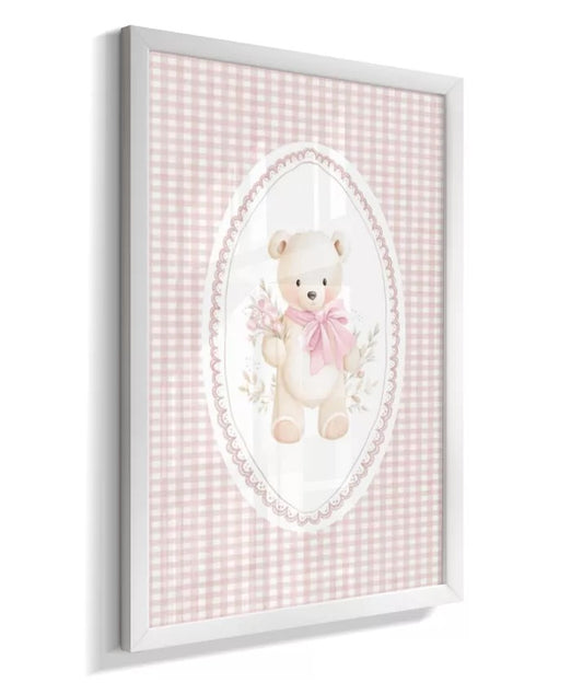 Kit 3 Quadros Infantil Bebê Menina Rosa Ursinho Nome Laço Personalizado Com Moldura