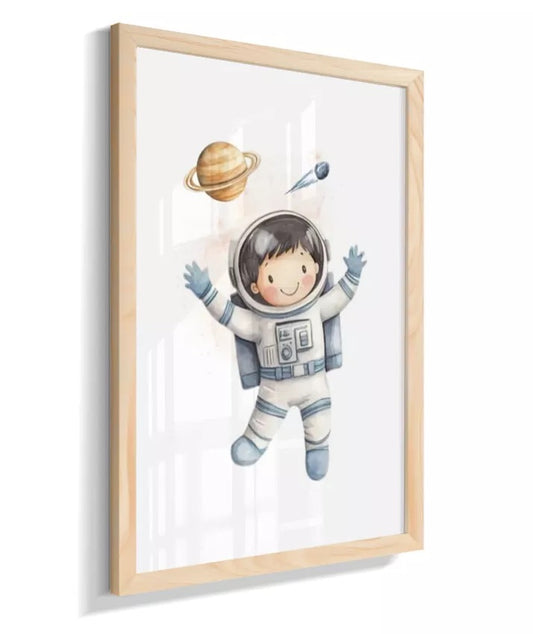 Kit 2 Quadros Infantil Quarto Bebê Menino Azul Astronauta Espaço Personalizado Nome e Inicial
