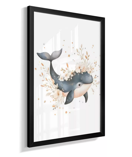 Quadro Infantil Decorativo Fundo do Mar Floral Baleia