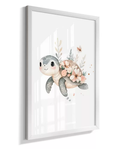 Quadro Infantil Decorativo Fundo do Mar Floral Tartaruga