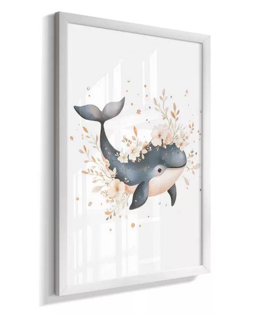 Quadro Infantil Decorativo Fundo do Mar Floral Baleia