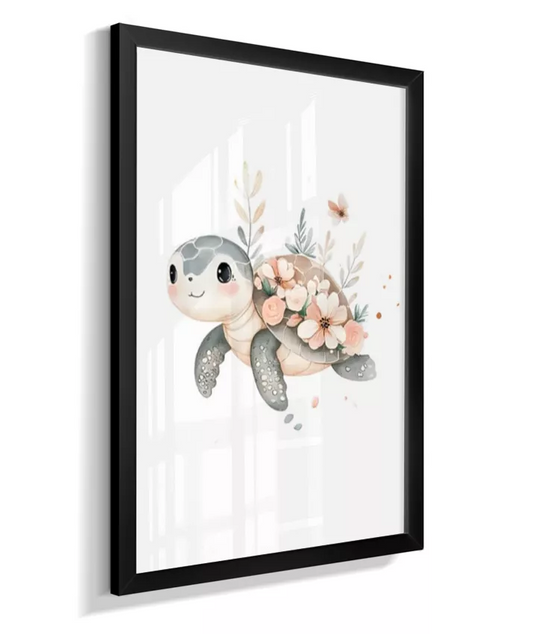 Quadro Infantil Decorativo Fundo do Mar Floral Tartaruga