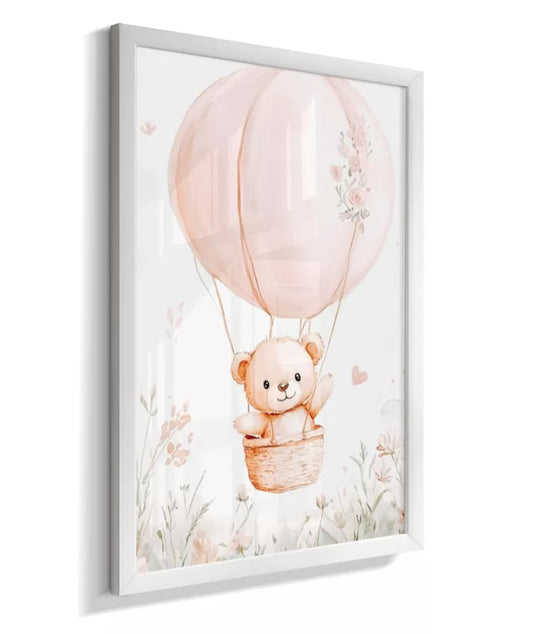 Kit 3 Quadros Infantil Quarto Bebê Menina Urso No Balão Personalizado Inicial e Nome