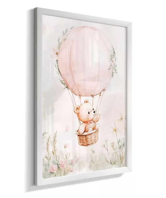 Kit 2 Quadros Infantil Quarto Bebê Menina Urso no Balão Personalizado Nome e Inicial