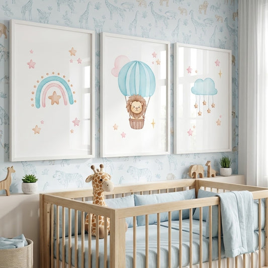 Kit 3 Quadros Decorativos Infantil Quarto Bebê Menino Azul Animais Safari Baby