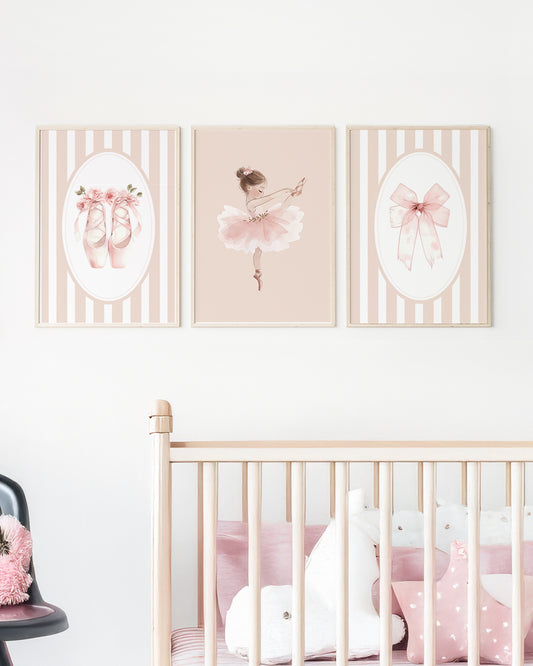 Kit 3 Quadros Infantil Quarto Bebê Menina Bailaria Ballet Rosa Laço e Sapatilha