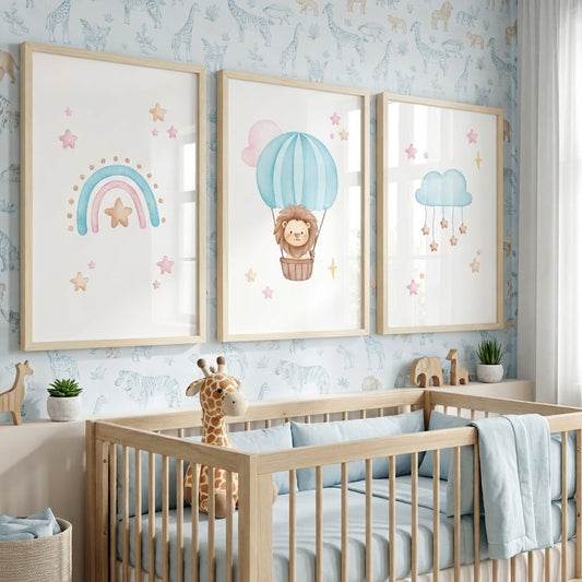 Kit 3 Quadros Decorativos Infantil Quarto Bebê Menino Azul Animais Safari Baby