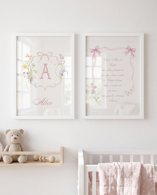Kit 2 Quadros Decorativos Infantil Quarto Bebê Menina Monograma Personalizado Nome e Inicial + Oração Santo Anjo