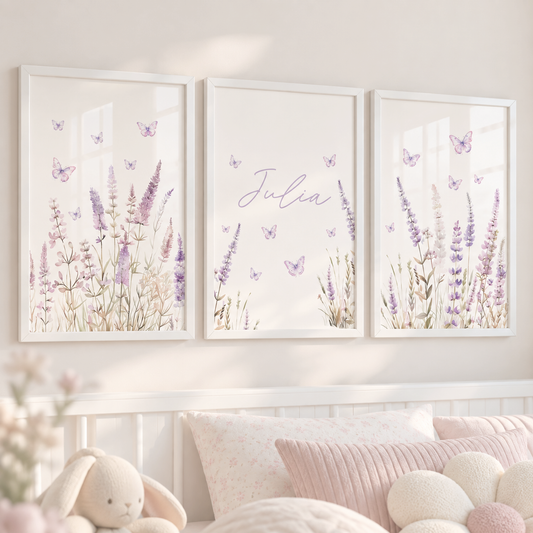 Kit 3 Quadros Decorativos Infantil Quarto Bebê Manina Lilás Lavandas e Borboletas