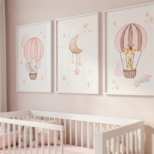 Kit 3 Quadros Decorativos Infantil Quarto Bebê Manina Rosa Animais Safari Baby