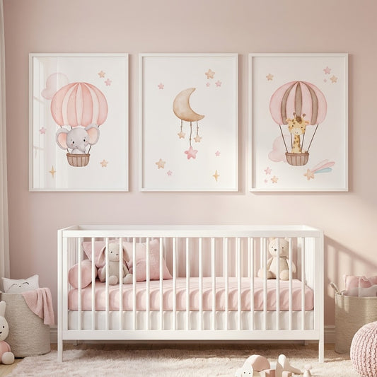 Kit 3 Quadros Decorativos Infantil Quarto Bebê Manina Rosa Animais Safari Baby