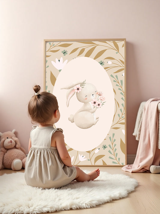 Quadro Quarto Bebê Infantil Bosque Floral Coelho