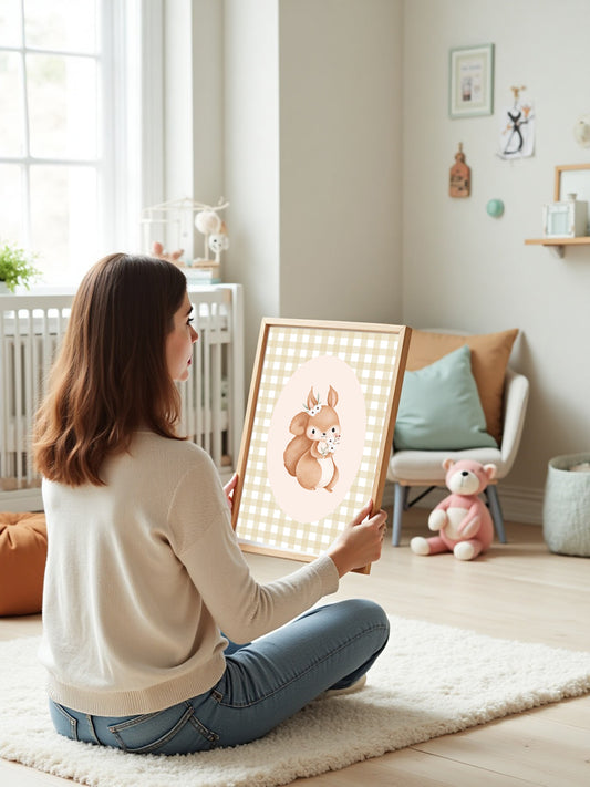 Quadro Quarto Bebê Infantil Bosque Floral Esquilo