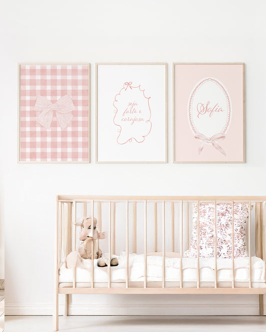 Kit 3 Quadros Infantil Bebê Menina Rosa Laço Seja Forte Corajosa Personalizado Nome Com Moldura