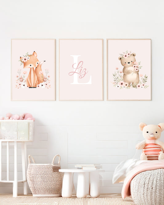 Kit 3 Quadros Decorativos Infantil Quarto Bebê Menina Bosque Floral Com Moldura