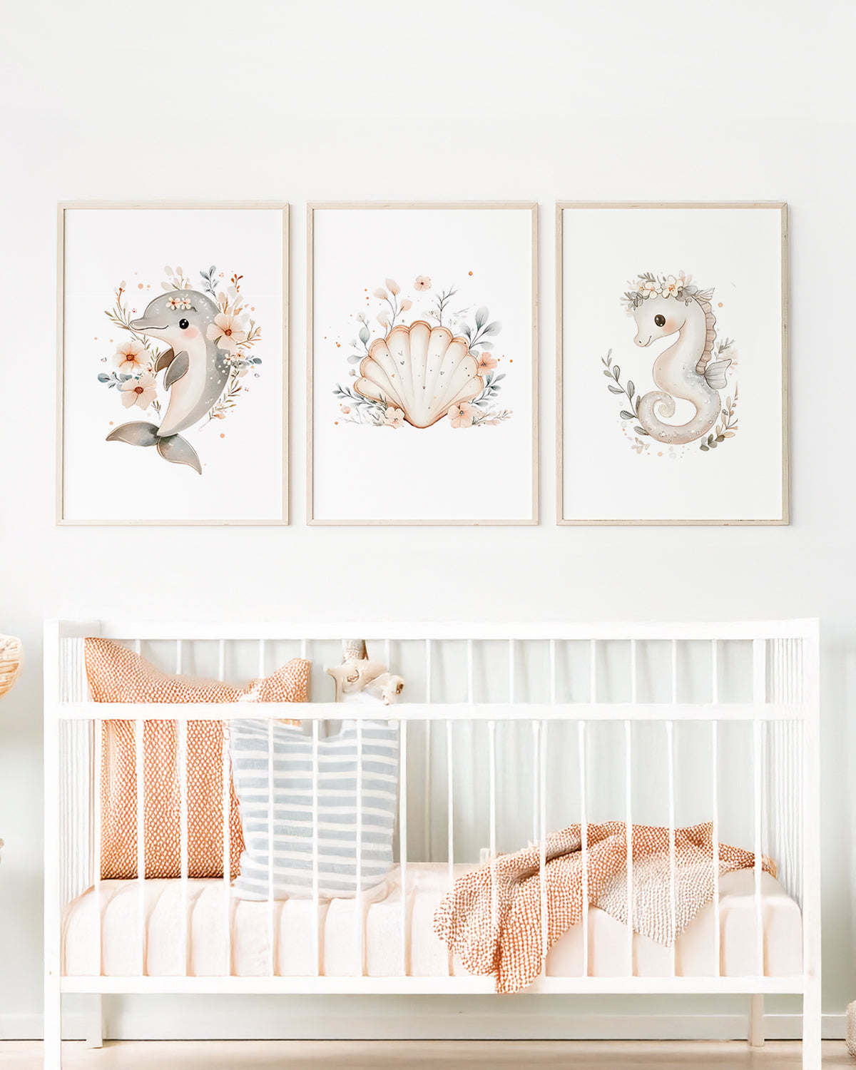 KIt 3 quadros infantil decorativo quarto bebê menina fundo do mar floral, 