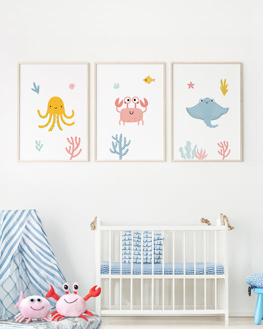 Kit 3 Quadros Quarto Bebê Infantil Fundo do Mar