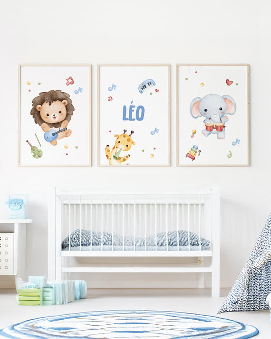 Kit 3 Quadros Quarto Bebê Infantil Animais Musicais Personalizado