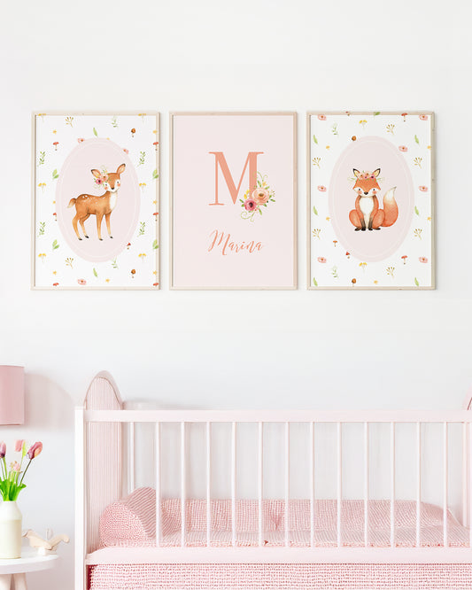 Kit 3 Quadros Quarto Bebê Infantil Personalizado Bosque Encantado