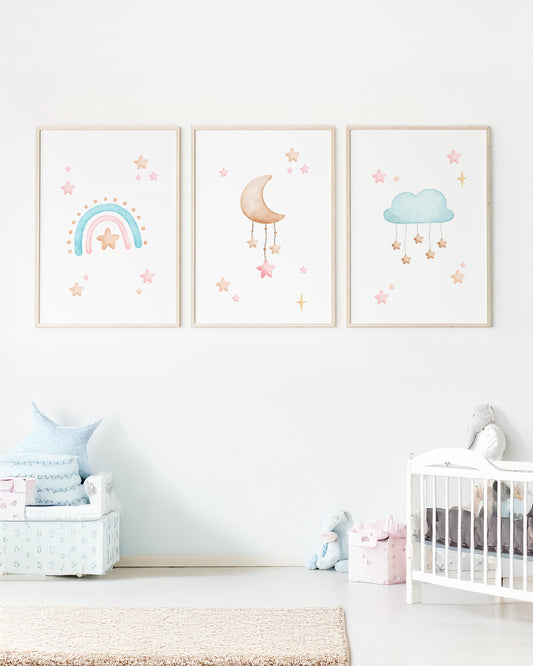 Kit 3 Quadros Quarto Bebê Infantil Céu de Estrelas