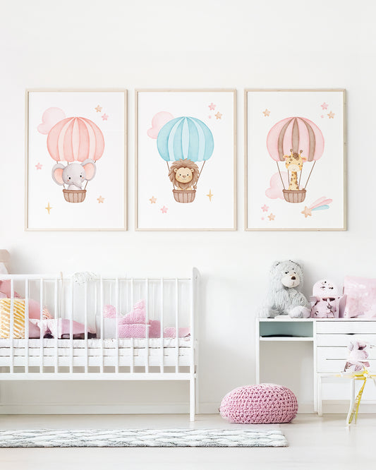 Kit 3 Quadros Quarto Bebê Infantil Animais no Balão