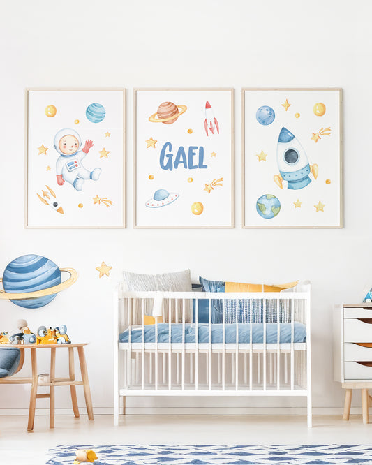 Kit 3 Quadros Quarto Bebê Infantil Astronauta Personalizado