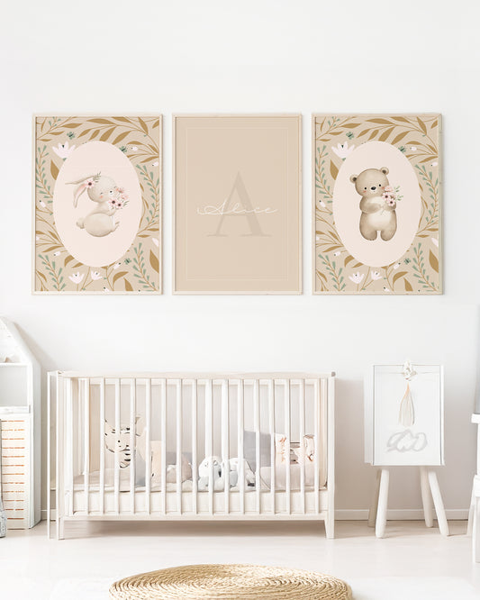 Kit 3 Quadros Quarto Bebê Infantil Bosque Floral Personalizado