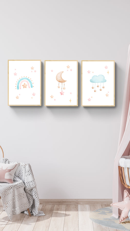 Kit 3 Quadros Decorativos Infantil Céu de Estrelas