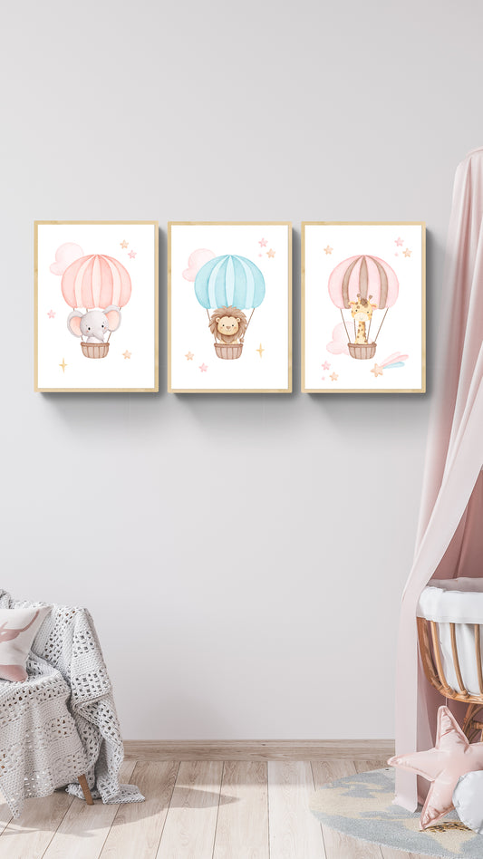 Kit 3 Quadros Decorativos Infantil Animais no Balão