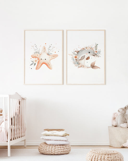 Kit 2 Quadros Quarto Bebê Infantil Fundo do Mar