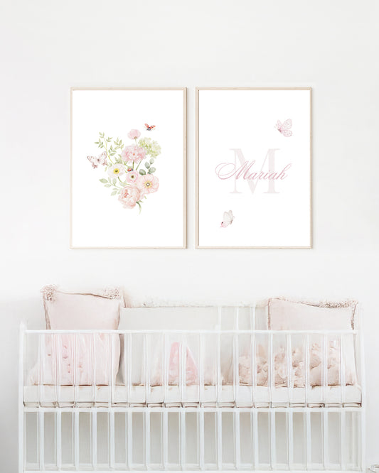 Kit 2 Quadros Decorativos Infantil Quarto Bebê Menina Flores Personalizado Com Nome