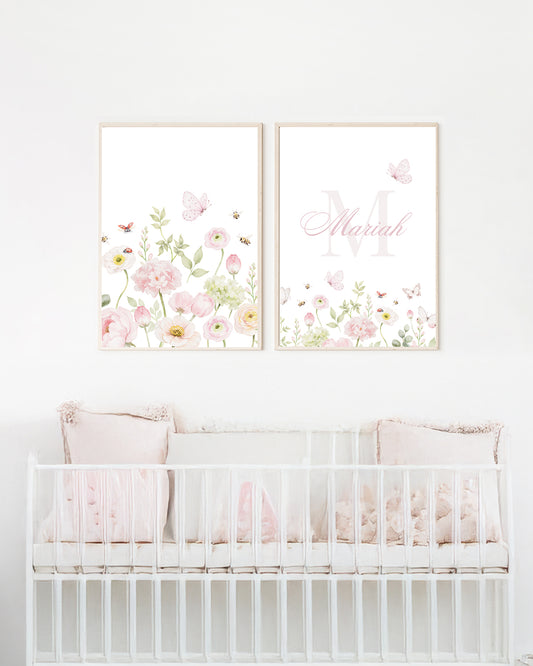 Kit 2 Quadros Decorativos Infantil Quarto Bebê Menina Floral Personalizado Com Nome