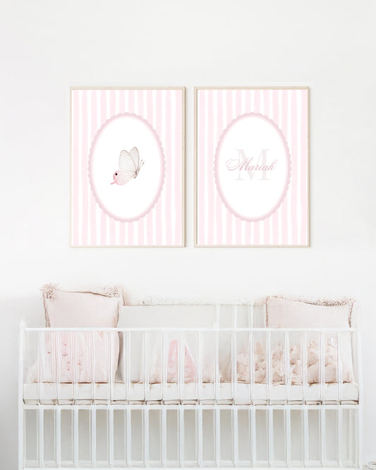 Kit 2 Quadros Decorativos Infantil Quarto Bebê Menina Borboleta Personalizado Com Nome