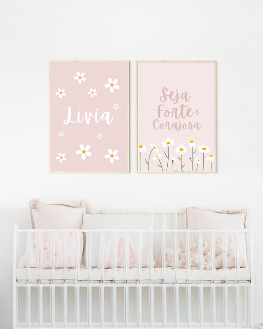 Kit 2 Quadros Quarto Bebê Menina Rosa Margaridas Personalizado Nome - Seja Forte e Corajosa