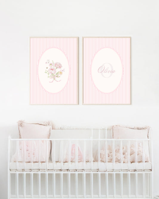 Kit 2 Quadros Decorativos Infantil Quarto Bebê Menina Flores Personalizado com Nome