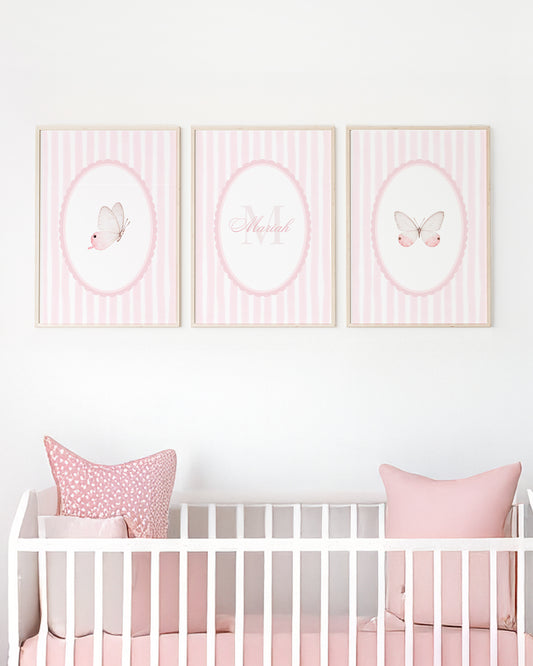 Kit 3 Quadros Decorativos Infantil Quarto Bebê Menina Rosa Borboletas Nome Personalizado