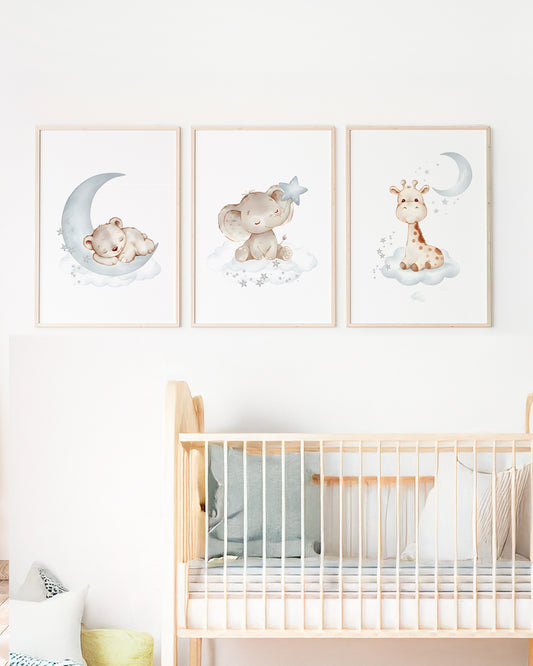 Kit 3 Quadros Decorativos Infantil Quarto Bebê Azul Safari Baby Ursinho