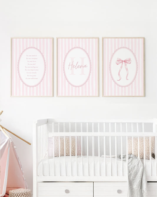 Kit 3 Quadros Decorativos Quarto Bebê Menina Rosa Palavras de Afirmação Laço Personalizado