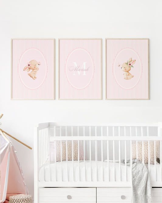 Kit 3 Quadros Decorativos Infantil Quarto Bebê Menina Delicado Rosa Listas Coelhinha Borboleta