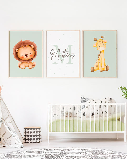 Kit 3 Quadros Decorativos Infantil Quarto Bebê Menino Verde Safari Personalizado