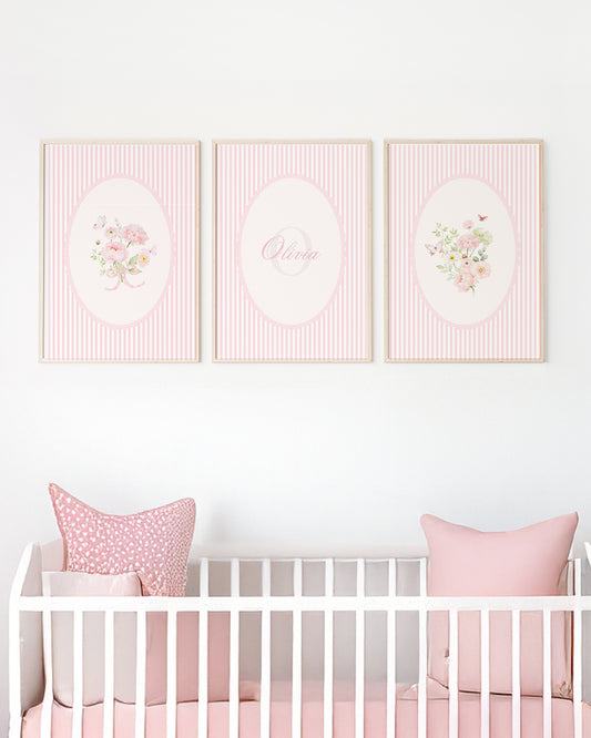 Kit 3 Quadros Decorativos Infantil Quarto Bebê Menina Flores Delicado Personalizado com Nome