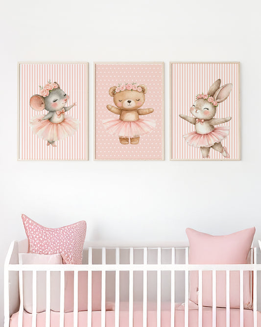 Kit 3 Quadros Infantil Quarto Bebê Meninas Bailarinas Ursinha Ratinha e Coelhinha