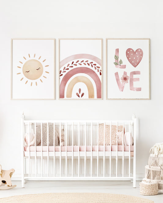 Kit 3 Quadros Quarto Bebê Menina Boho Arco-Íris Sol Love Com Moldura