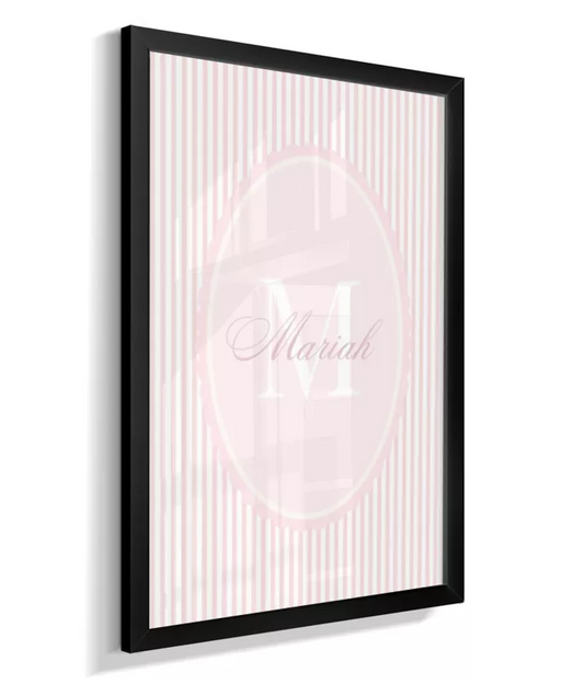 Quadro Decorativo Infantil Quarto Bebê Menina Rosa Listas Personalizado Nome Inicial