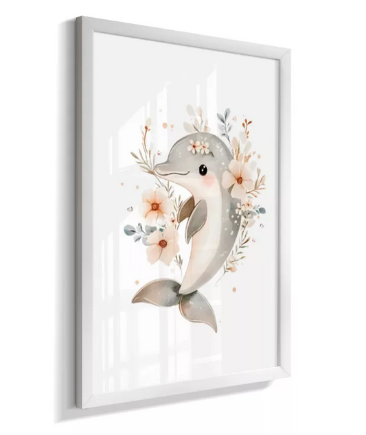 Quadro Infantil Decorativo Fundo do Mar Floral Golfinho
